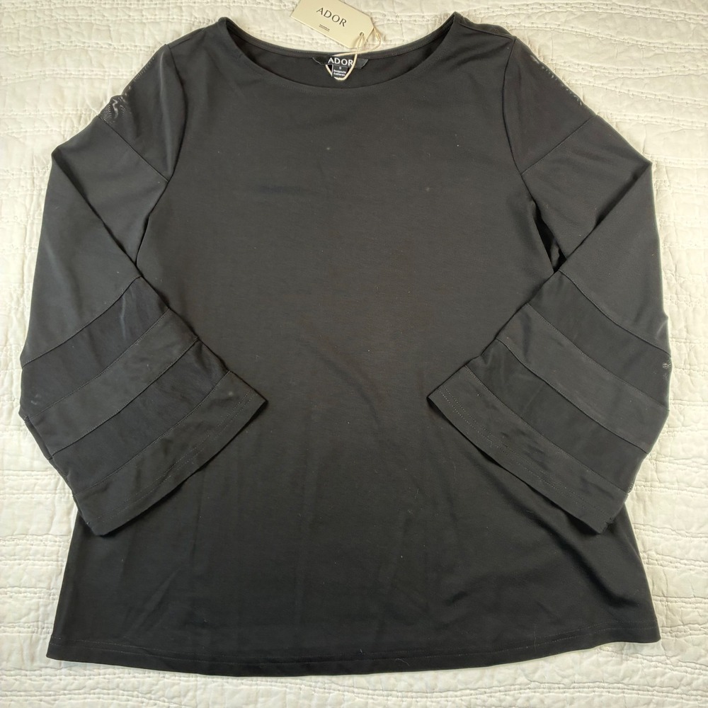 NEW Ador Mesh Panel Bell Sleeve Top Small Black Relaxed Boat Neck Blouse Chic